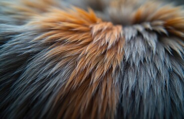 Naklejka premium Close-up of animal fur shows detailed texture and color variations. Orange and grey strands create a rich, soft pattern. Natural material looks warm and luxurious.