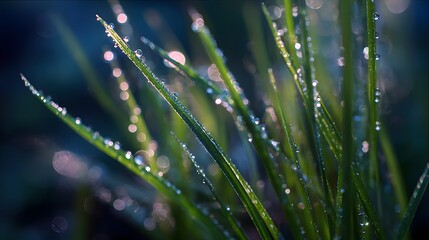Close-up of vibrant green grass blades adorned with sparkling dew drops, illuminated by soft morning light, creating a serene natural scene.