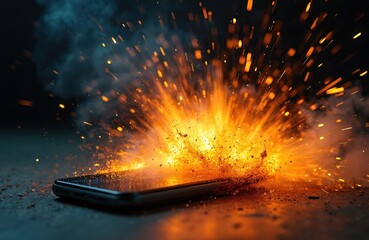 Smartphone explodes in fiery blast with sparks. Phone on fire on ground after short circuit. Danger of mobile battery malfunction. Risks of overheating, technology destruction, data loss.