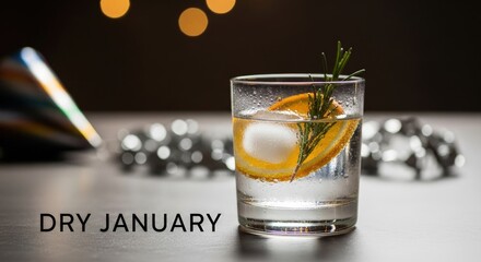 Elegant clear refreshing beverage glass displays citrus orange slice, cool ice, fragrant rosemary sprig. Dry January, healthy lifestyle, sober mindful celebration, new year wellness commitment.