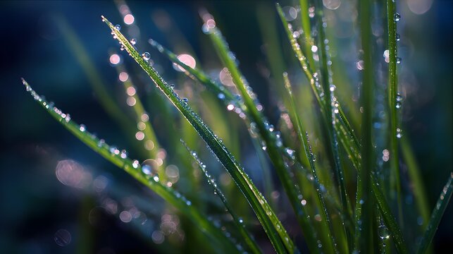 Close-up of vibrant green grass blades adorned with sparkling dew drops, illuminated by soft morning light, creating a serene natural scene. - Powered by Adobe