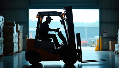 Man drives forklift in large warehouse among stacks of boxes. Worker operates industrial truck for loading goods. Logistics and supply chain operations happen inside building.