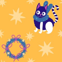 Cartoon funny cats seamless Christmas pattern for wrapping paper and kids clothes print and festive packaging