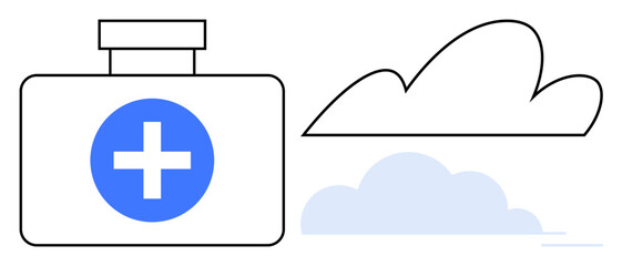 First aid kit icon with a blue cross beside outlined clouds. Ideal for healthcare, emergencies, safety, insurance, telemedicine, cloud storage, and wellness-themed projects. Clean simple flat