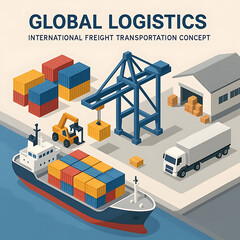 Global logistics, shipping vector. Cargo ship at port, containers, warehouse. International freight transportation concept. Isometric illustration.