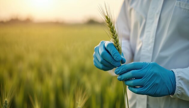Scientist in lab coat and blue gloves examines a green wheat stalk in a vast agricultural field at sunset. Researching crop growth and quality for future harvest.