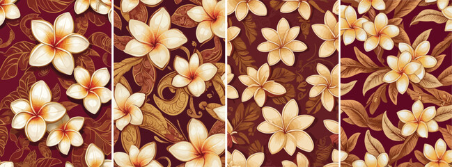 Seamless vector pattern inspired by traditional Balinese batik, frangipani (plumeria) flower motif, intricate organic curves and symmetrical layout, warm gold and maroon tones, cultural textile design