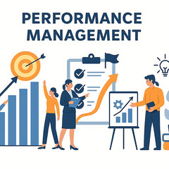 Performance management set. Characters setting and achieving goals and objectives to professional development, continuous improvement and personal growth. Business concept. Vector illustration