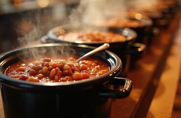 Hot steaming chili simmers in crock pots at a restaurant. Row of pots line up for a food competition. Culinary cookoff serves steaming bean stew with spoons.