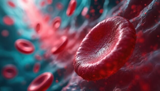 Microscopic view of circulating red blood cells. Blood flow in vessels. Oxygen transport for human life. Cells in deep red hue. Medical science concept.