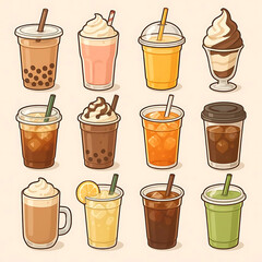 Various cold drinks set. Collections of bubble tea, milkshake smoothie, ice cream, coffee and other types of take away beverages in cup and glass. Vector illustration