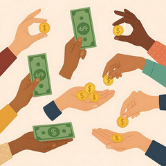Hand gestures illustrations set. Collections of diverse characters hands holding money coins and cash on fingers and palms. Finance, investments and donation concept. Vector illustration