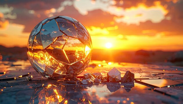 Abstract Shattered Sphere Reflecting Golden Sunset Over Textured Surface.