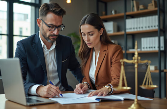 Male and female lawyers review legal papers and consult on a case. They work together in an office with books and a laptop, discussing important client matters seriously.