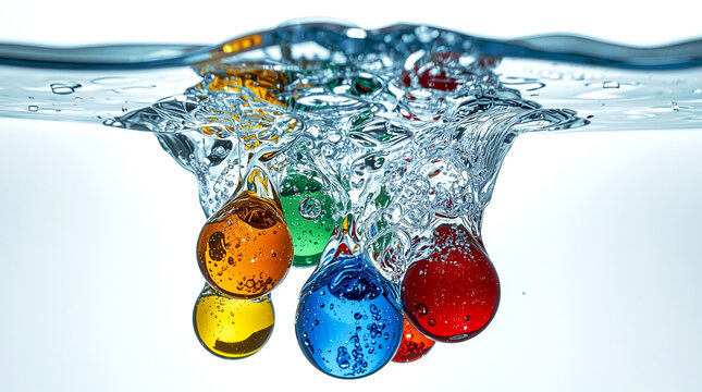 Colorful glass marbles plunging into clear water with dynamic splash, underwater bubbles and vibrant reflections captured in high-detail macro photography