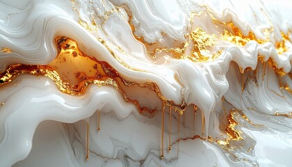 Abstract Swirls of White Marble and Liquid Gold.