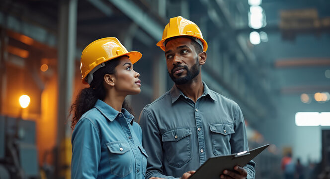 Black man and woman engineers in hard hats discuss project on clipboard clipboard. They work in steel factory building, inspect plant floor, check machines.