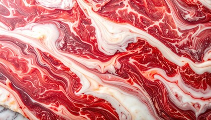 Close-up Macro View of Raw Marbled Beef Texture with Fat Veins.