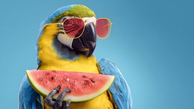Cool Macaw Parrot in Sunglasses Holding Watermelon Slice on Blue Background. - Powered by Adobe