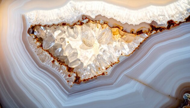 Close-up Macro View of a Translucent Agate Geode Crystal Formation.
