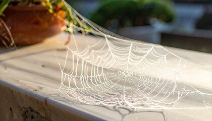 Delicate Spiderweb Shimmers on Outdoor Table Surface in Morning Light.