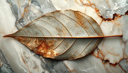 Detailed Macro Shot of a Single Dried Autumn Leaf on a Marble Surface.