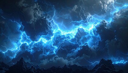 Dramatic Blue Lightning Storm Over Dark Mountains.