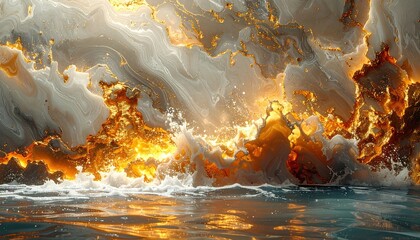 Dramatic Ocean Wave Crashing with Fiery Explosion Effect.