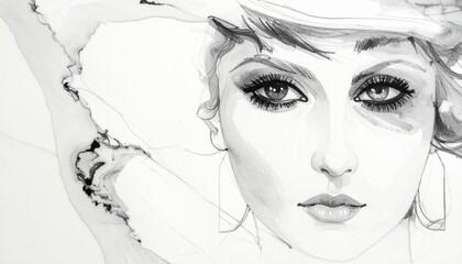 Elegant Black and White Sketch of a Womans Face with Dramatic Eyes.