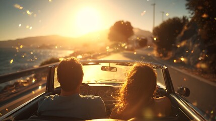 Couple Driving Convertible Car into Sunset on Coastal Road.