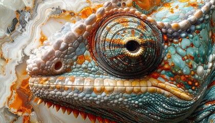 Extreme Close-Up of a Chameleons Eye and Scaly Skin Texture.