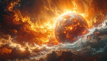 Fiery Planet Exploding in Cosmic Nebula with Intense Heat and Light.