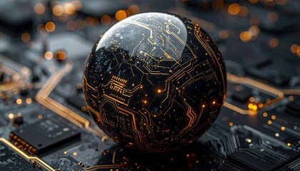 Futuristic Crystal Ball Reflecting Circuit Board Technology.
