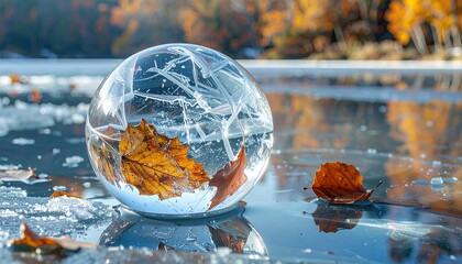 Frozen Autumn Leaf Encased in Crystal Clear Ice Sphere on Icy Lake Surface.
