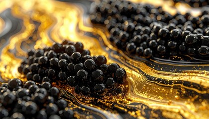 Luxurious Black Caviar Pearls Gleaming on a Rich Golden Surface.
