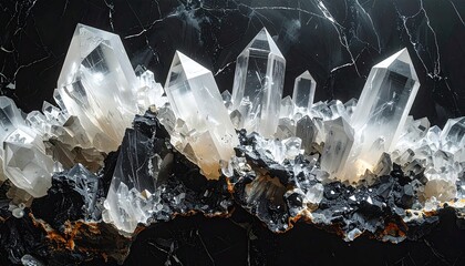 Macro shot of clear quartz crystals growing on a dark mineral matrix.