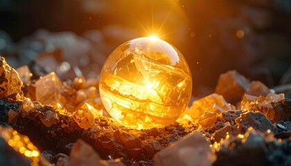 Mystical Glowing Orb Surrounded by Crystals and Fiery Light.