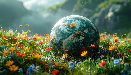 Planet Earth Rests Amidst a Vibrant Meadow of Wildflowers.