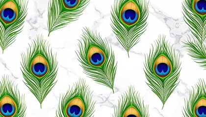 Seamless Pattern of Vibrant Peacock Feathers on a Marble Background.