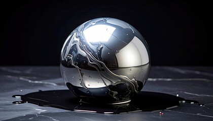 Shiny Metallic Sphere Reflecting Abstract Patterns on Dark Surface.