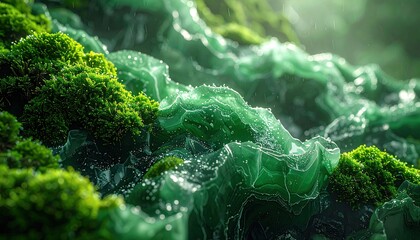Vibrant Green Moss and Flowing Water Abstract Landscape.