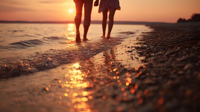Couple walking on beach at sunset, romantic evening stroll by the water. - Powered by Adobe