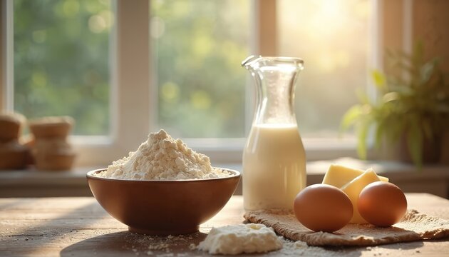 Composition of baking ingredients on wooden table. Bowl with flour jug of milk eggs cheese piece. Preparation of food in natural light. Rustic breakfast elements.