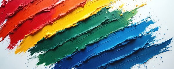 Abstract colorful illustration of paint brush strokes. Diagonal artistic rainbow background with bold vibrant shades on white backdrop. Creative design elements for graphic projects.