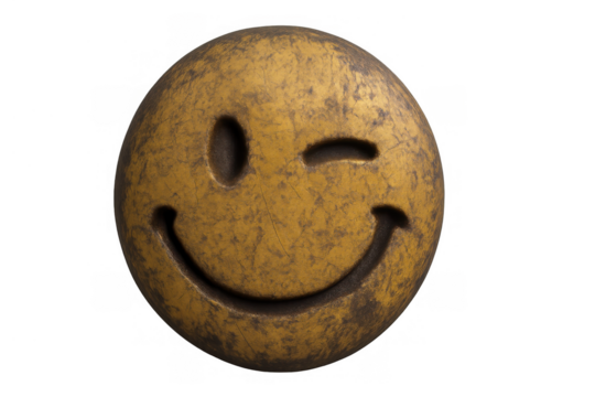 Grungy old winking smiley face emoticon with a worn dirty texture on a transparent background