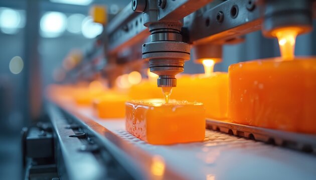 Industrial machine produces orange plastic forms on conveyor belt. Molten polymer material is injected into molds. Automated manufacturing process creates new products for consumer goods.