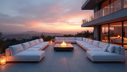 Obraz premium Modern luxury terrace with white sofas around fire pit. Cityscape view at sunset. Cozy outdoor living area with contemporary furniture. Relaxation and comfort in a stylish villa.