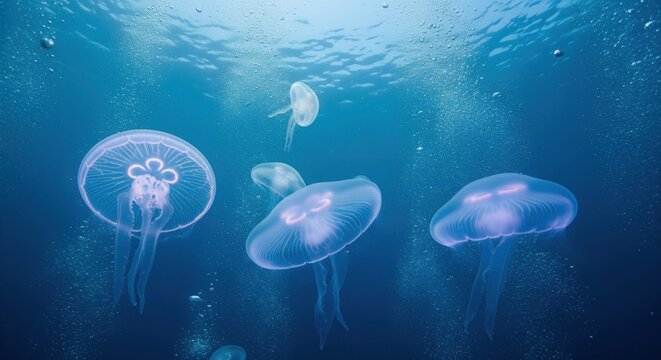 Medusas azules transl&uacute;cidas flotando en el agua profunda del oc&eacute;ano con bioluminiscencia y burbujas m&aacute;gicas