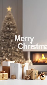 Panning camera near Christmas tree, gifts and a fireplace - vertical animation