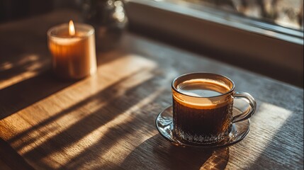 Cozy Morning Coffee with Candlelight and Sunlight on Wooden Table.